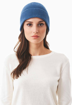 Ribbed Merino Wool Blend Beanie Blue