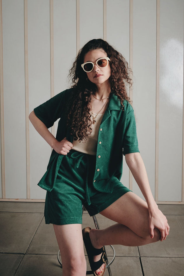 Leah Cotton Blend Terry Towelling Shorts Jungle Green