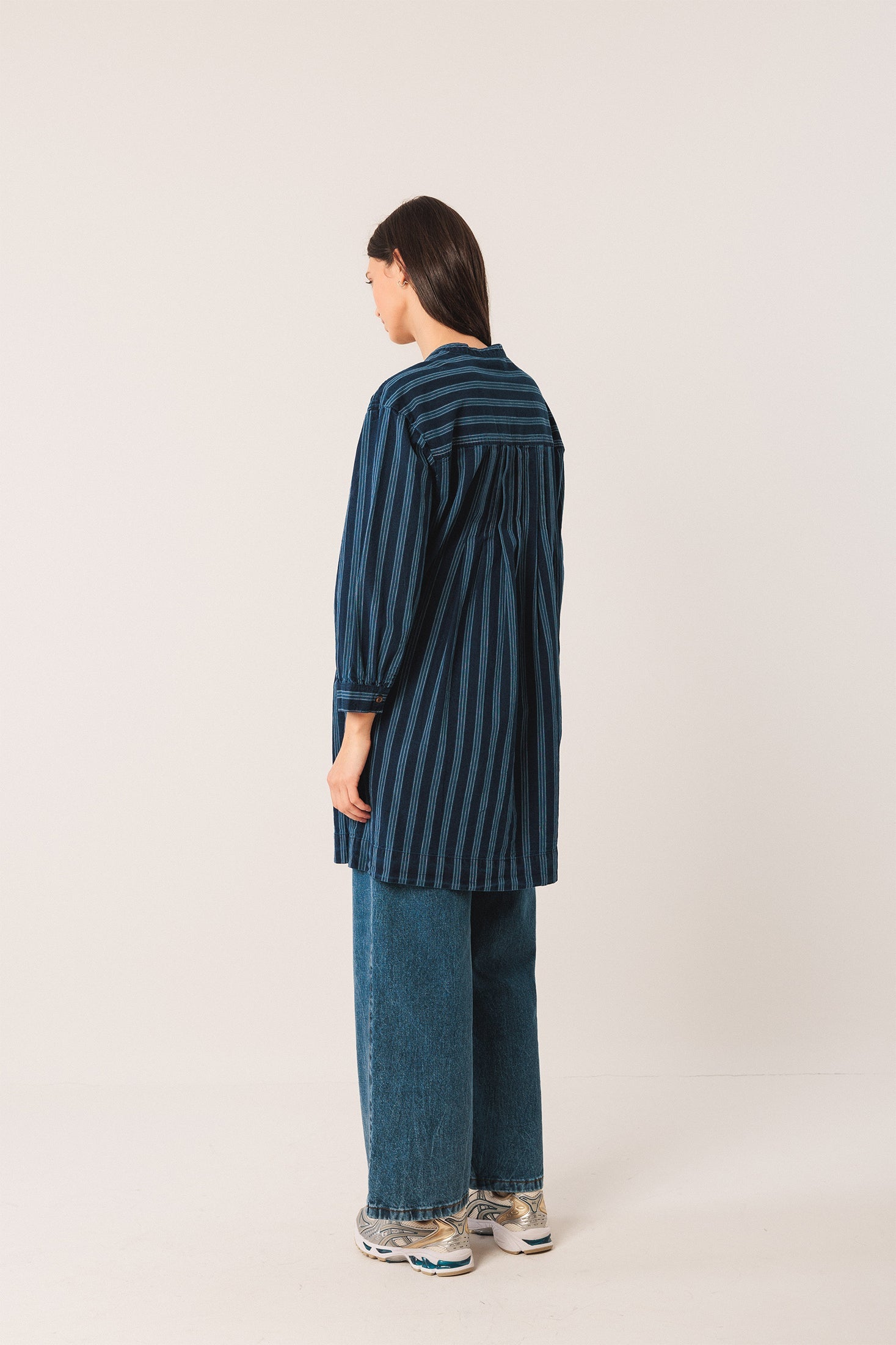 Pleated Cotton Shirt Dress Blue