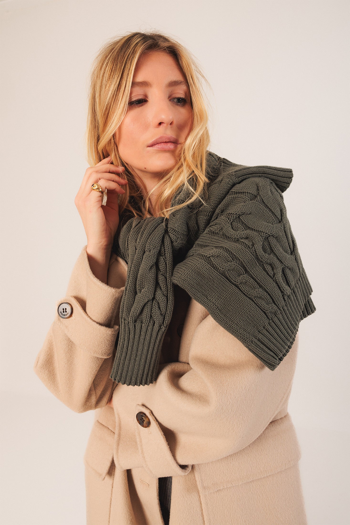 Cotton Cable Knit Cardigan Khaki