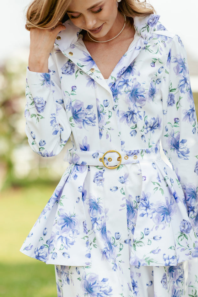 Buckle Belt with Peplum Detail in White with Blue Flower print