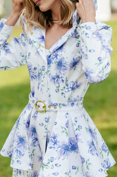 Buckle Belt with Peplum Detail in White with Blue Flower print