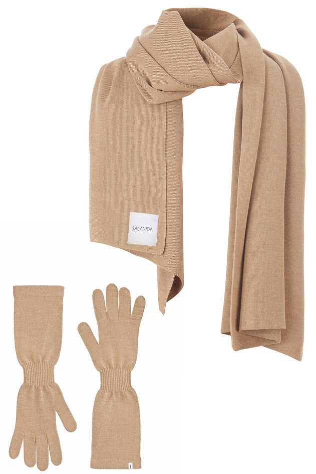 Via Merino Wool Scarf & Gloves Set Beige