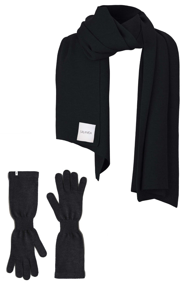 Via Merino Wool Scarf & Gloves Set Black