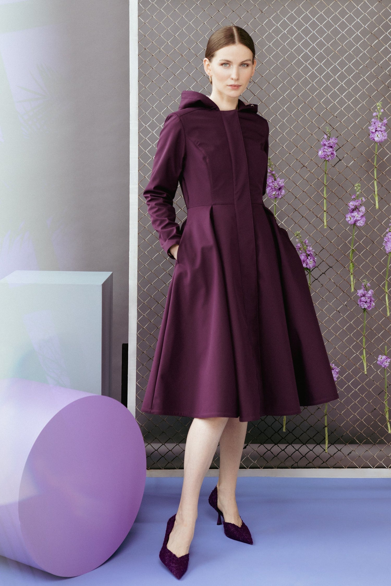 Fit and Flare Raincoat with Pleated Hem Ruby Purple