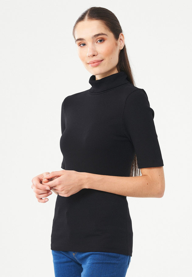Women's Short Sleeved Cotton Turtleneck Black