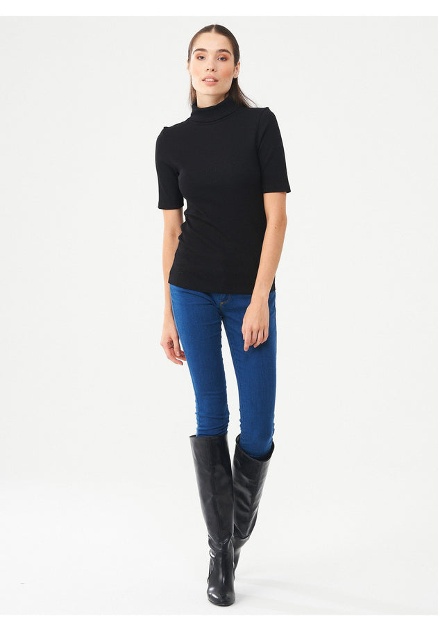 Women's Short Sleeved Cotton Turtleneck Black