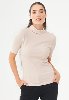 Women's Short Sleeved Cotton Turtleneck Stone