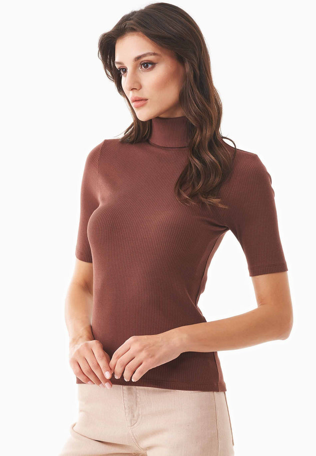 Women's Short Sleeved Cotton Turtleneck Radical Brown
