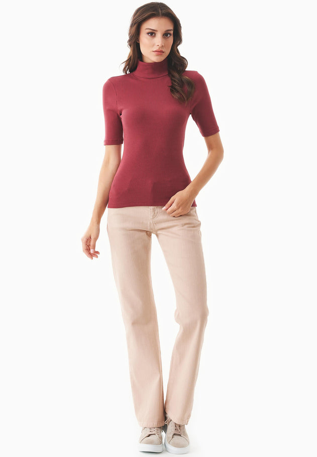 Women's Short Sleeved Cotton Turtleneck Syrah Red