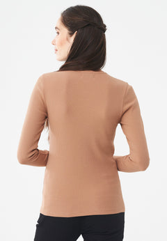 Women's Ribbed Round Neck Long-Sleeved Top Light Brown