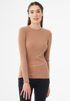 Women's Ribbed Round Neck Long-Sleeved Top Light Brown