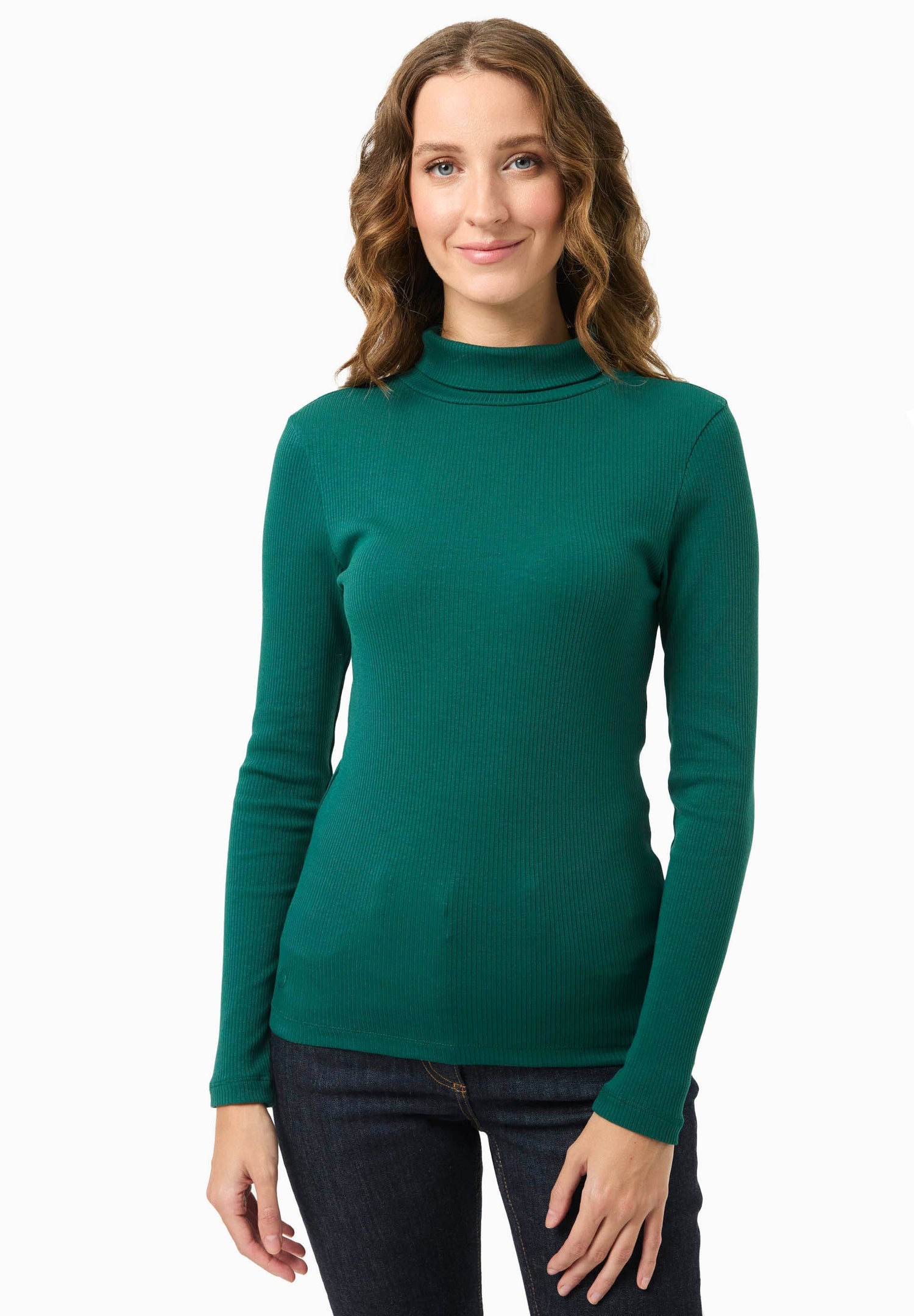 Women's Long Sleeved Cotton Turtleneck Deep Emerald