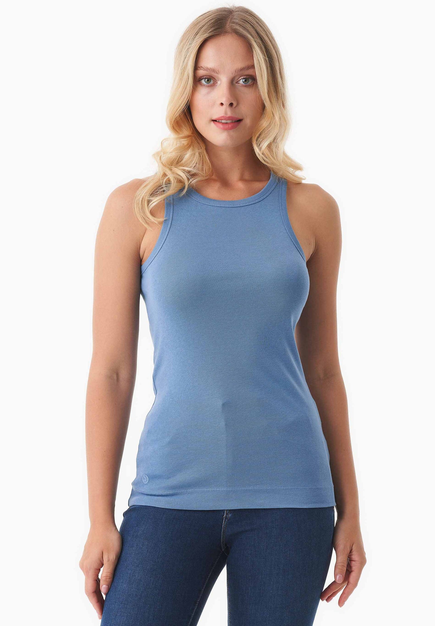 Women's High Neckline Ribbed Top Coronet Blue