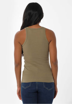 Women's High Neckline Ribbed Top Olive Green