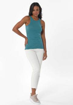 Naisten High Neckline Ribbitoppi Petrol Green