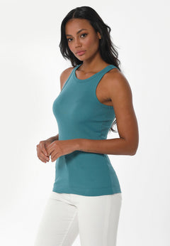 Naisten High Neckline Ribbitoppi Petrol Green