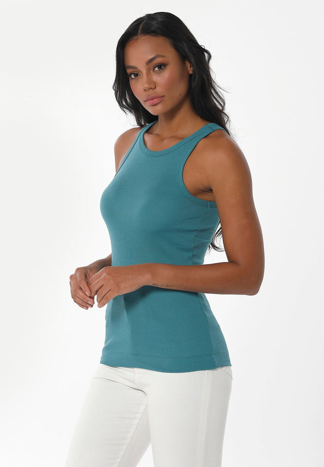 Naisten High Neckline Ribbitoppi Petrol Green