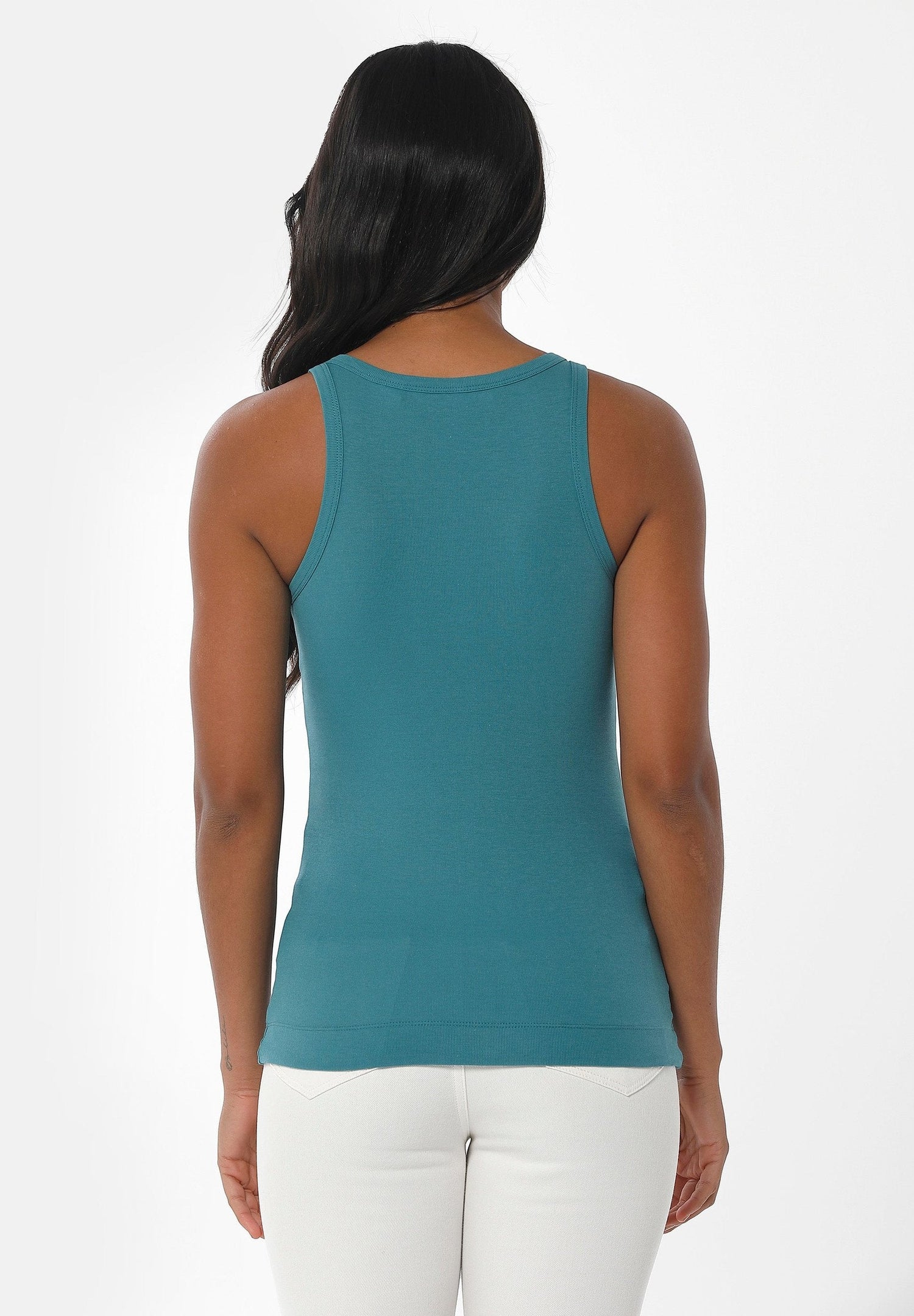Naisten High Neckline Ribbitoppi Petrol Green