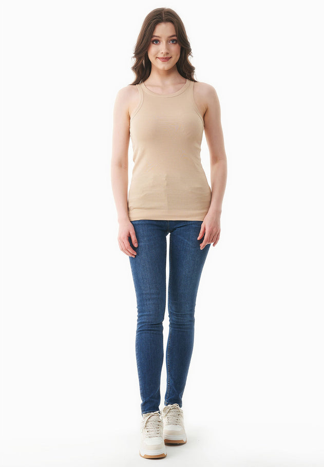 Women's High Neckline Ribbed Top Soft Beige