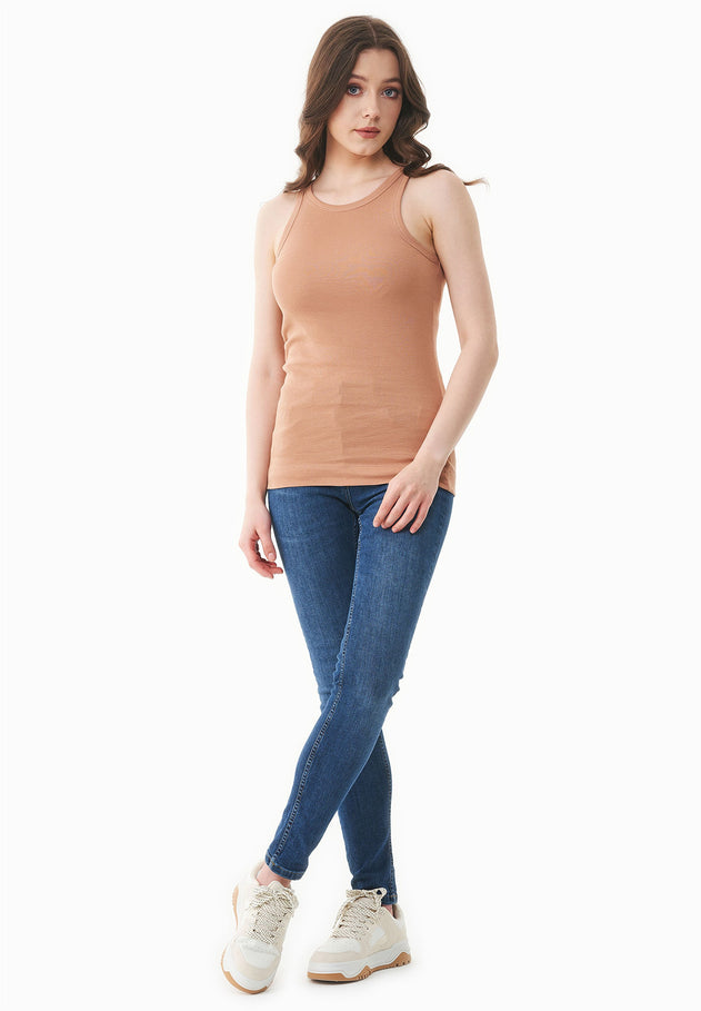 Women's High Neckline Ribbed Top Tan Beige