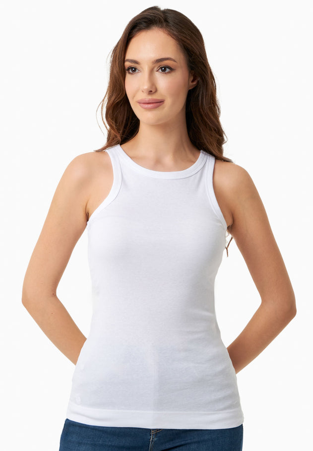 Women's High Neckline Ribbed Top White