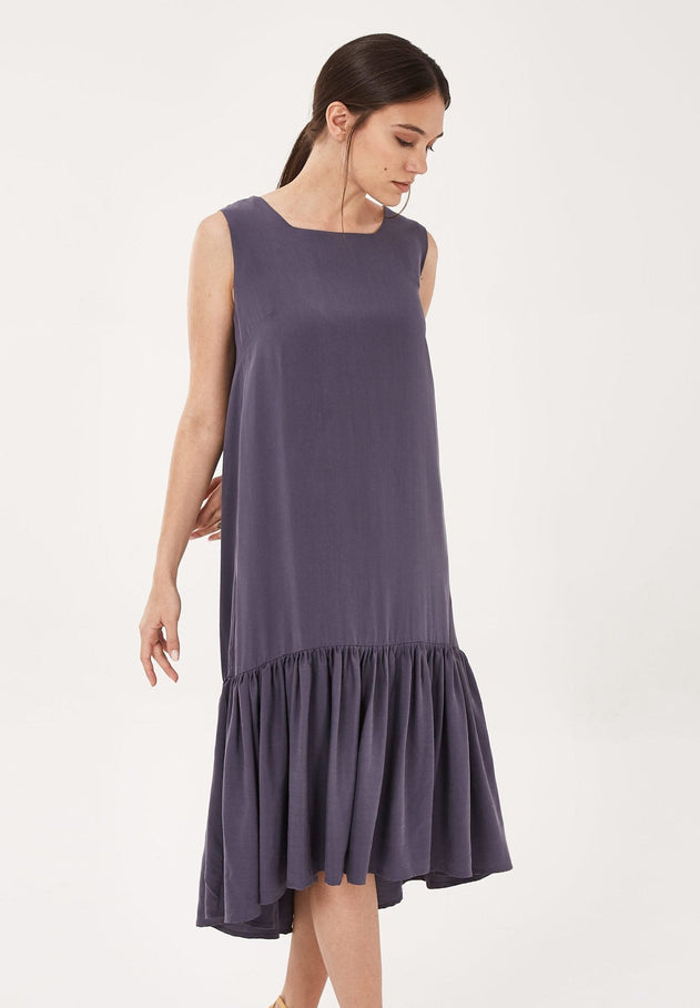 Loose Fit Lyocell Dress With Gathered Hem Steel