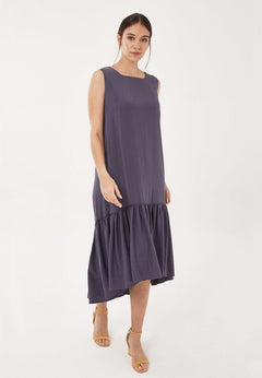 Loose Fit Lyocell Dress With Gathered Hem Steel