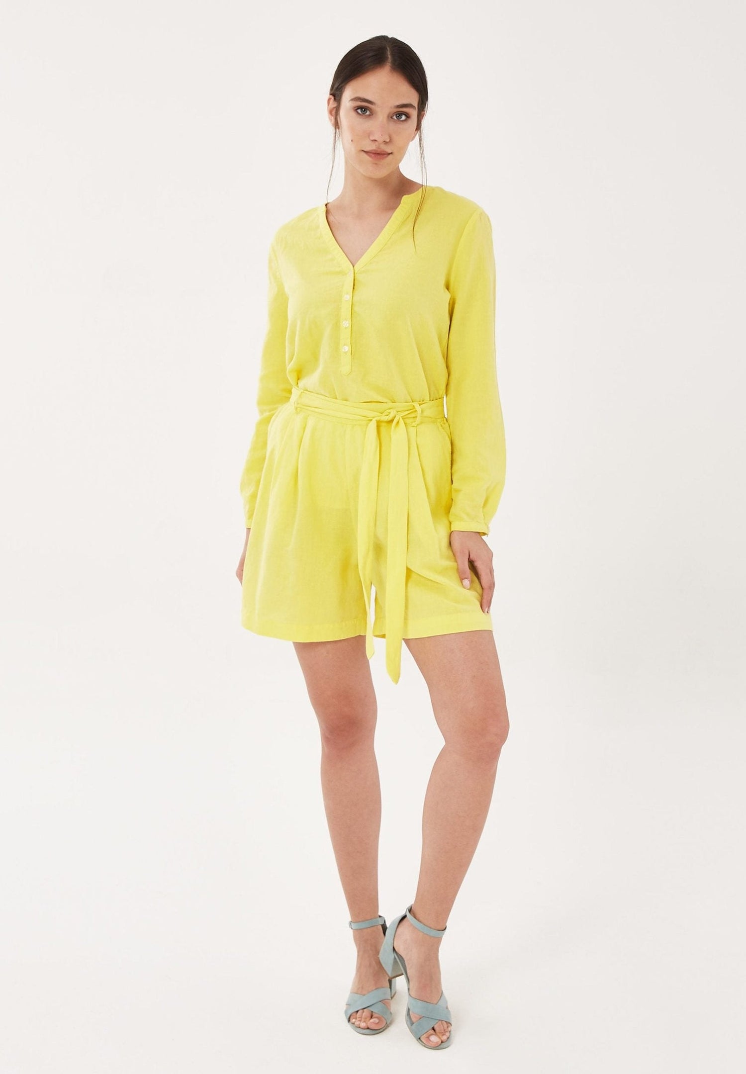 Linen Blend Shorts With Tie Belt Lemonade