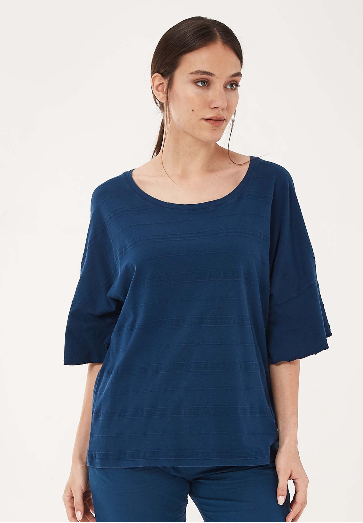 Organic Cotton Blouse With Flounce Sleeves Navy