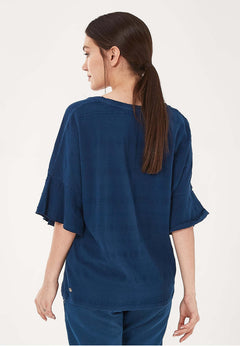 Organic Cotton Blouse With Flounce Sleeves Navy