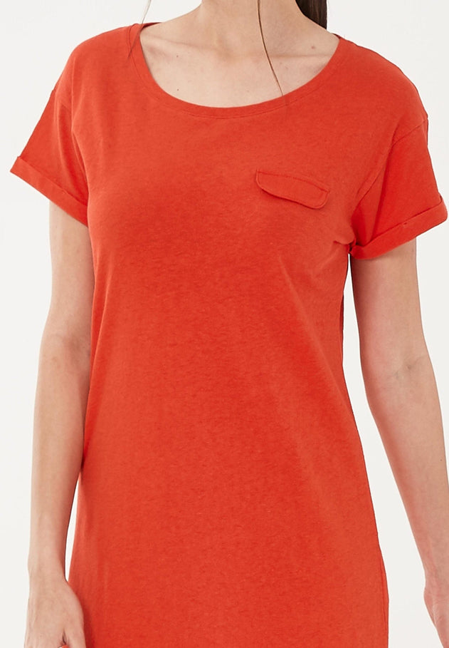 Linen Blend Jersey Dress With Fake Chest Pocket Red