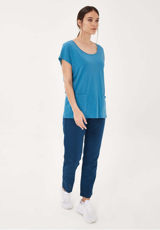 Women's Linen Blend T-Shirt With Front Pockets Ocean