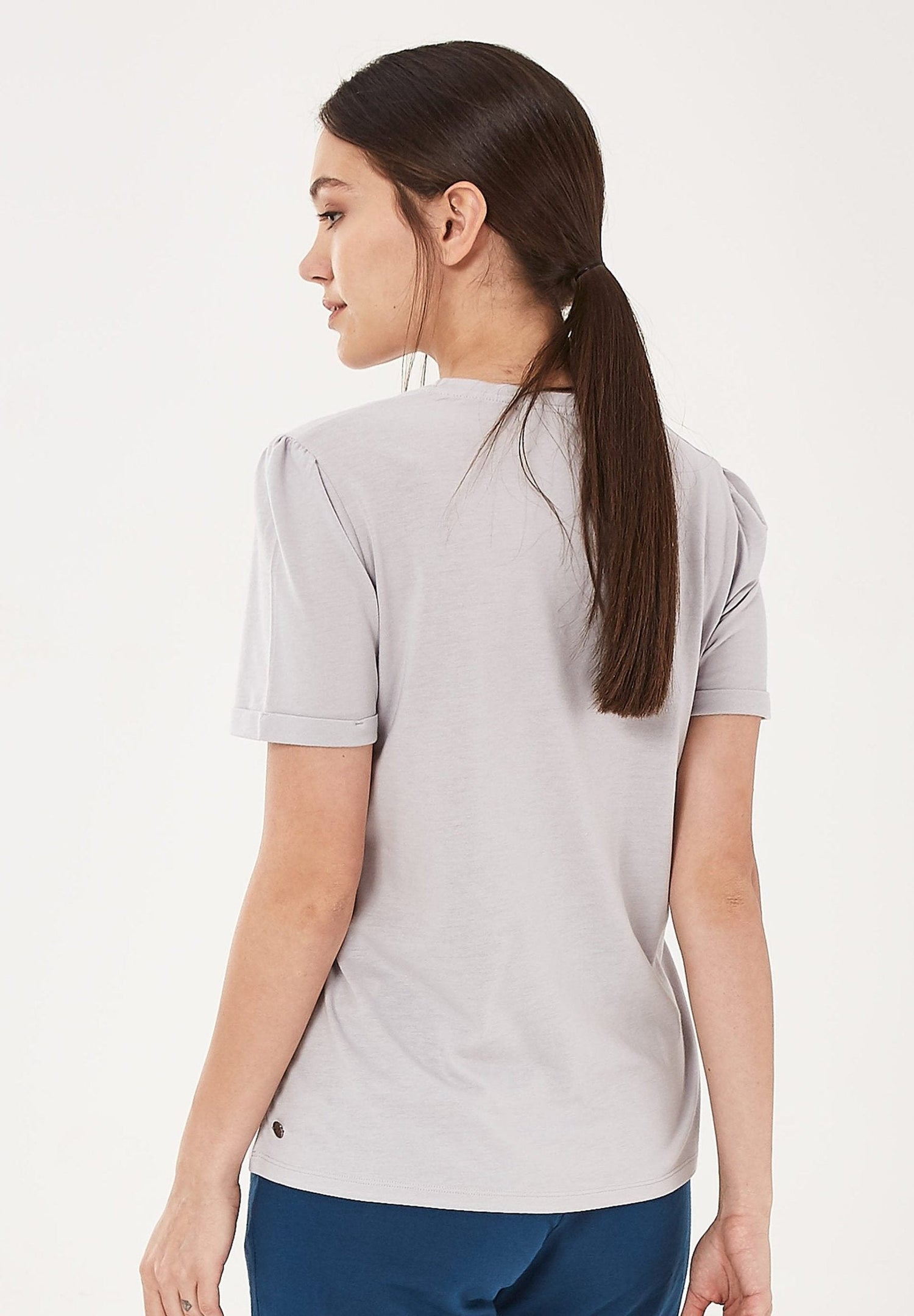Lyocell Blend T-Shirt With Gathered Sleeves Cloud Grey