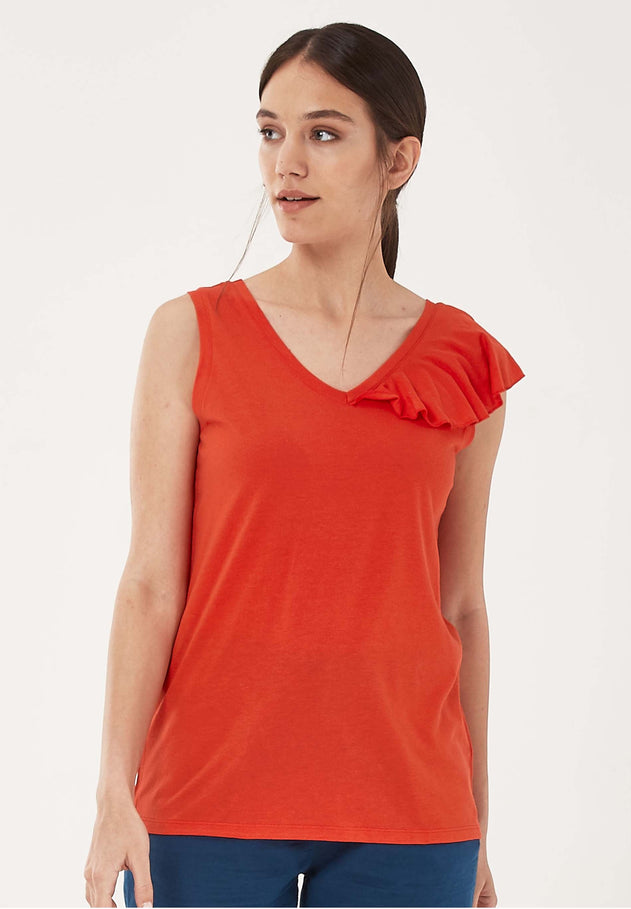 Sleeveless V-Neck Top With Shoulder Ruffle Red