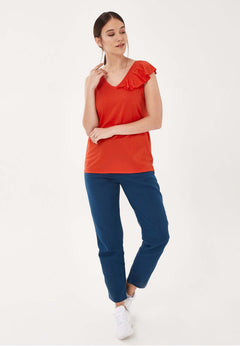 Sleeveless V-Neck Top With Shoulder Ruffle Red