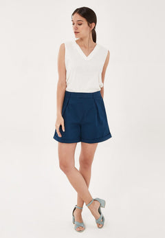 Pleated Organic Cotton Blend Shorts Navy