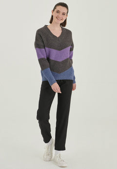 Merino Wool Blend Pullover Grey Striped