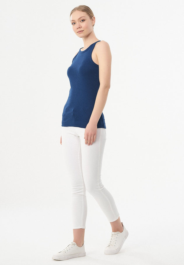 Women's High Neckline Ribbed Top Navy Blue