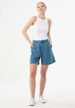 Belted Linen-Cotton Shorts Petrol Blue