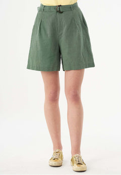 Belted Linen-Cotton Shorts Fern Green