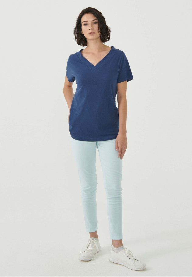 Women's Linen Blend V-Neck T-Shirt Navy