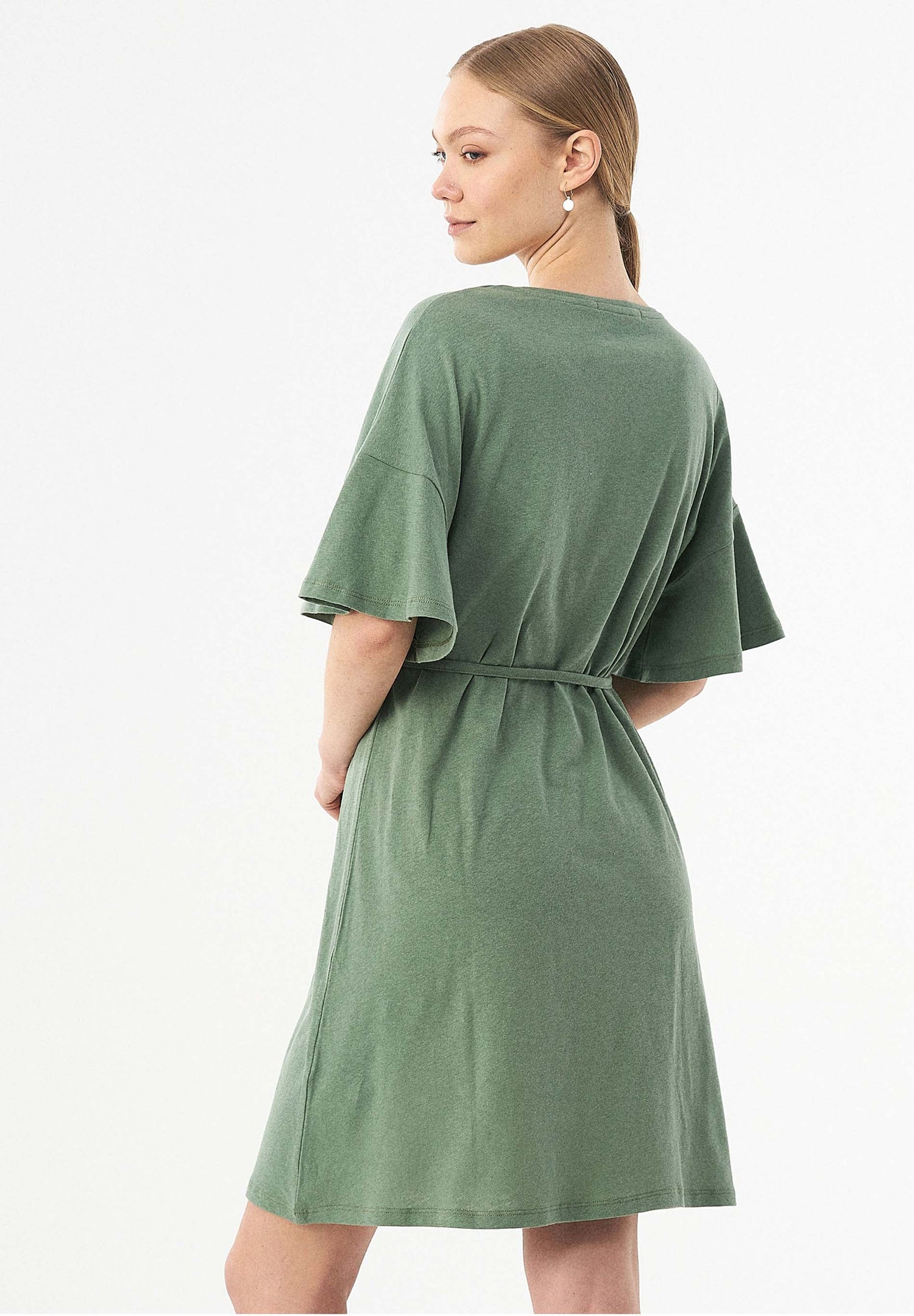 Belted Linen Blend Jersey Dress Fern Green