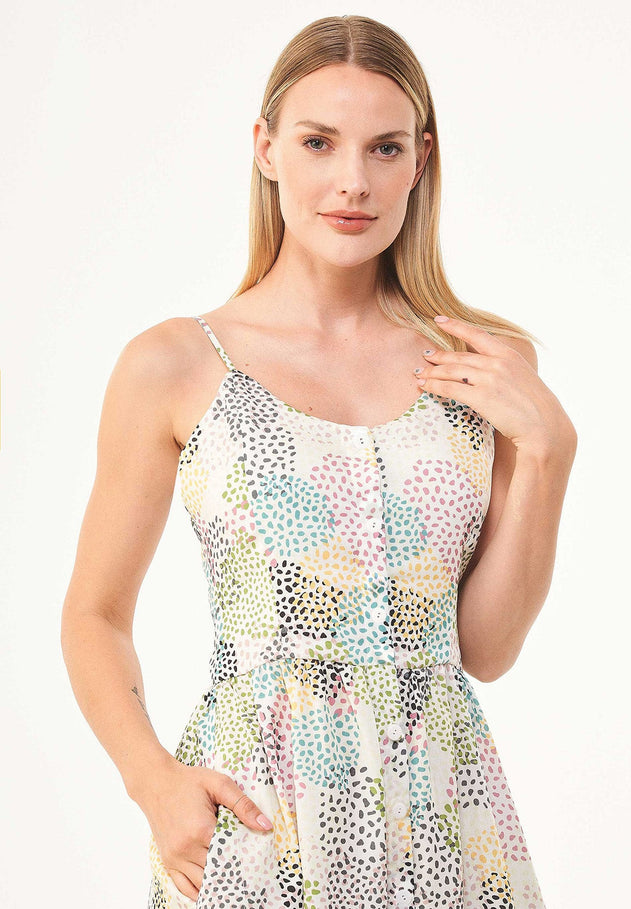 Spaghetti Strap Button Front Dress Multi Color Spots