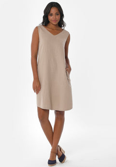 Sleeveless V-Neck Linen Blend Dress Beige