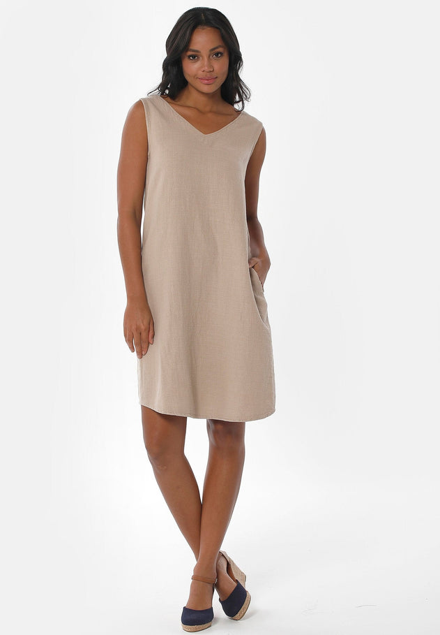 Sleeveless V-Neck Linen Blend Dress Beige