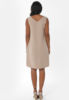 Sleeveless V-Neck Linen Blend Dress Beige