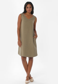 Sleeveless V-Neck Linen Blend Dress Olive