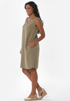 Sleeveless V-Neck Linen Blend Dress Olive