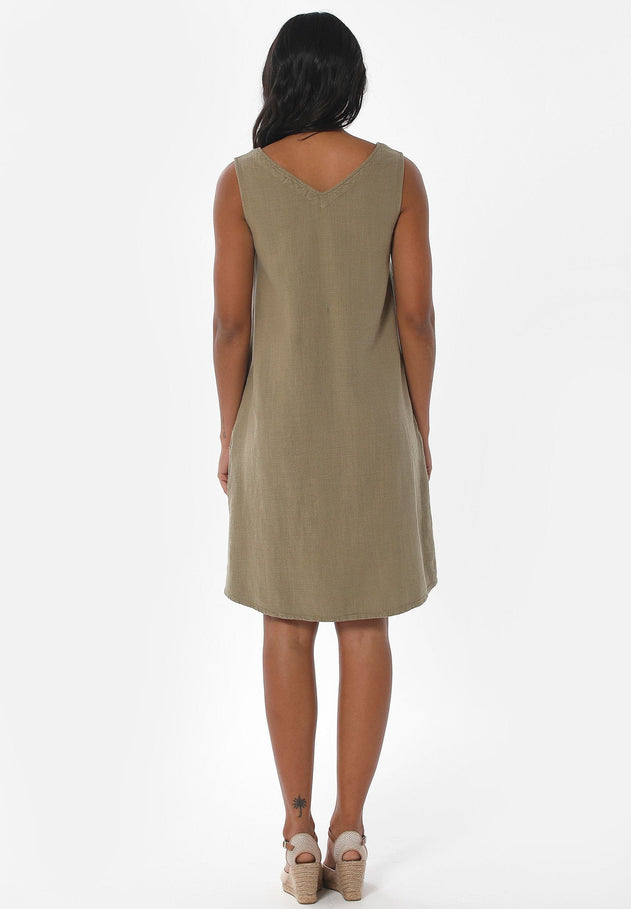 Sleeveless V-Neck Linen Blend Dress Olive